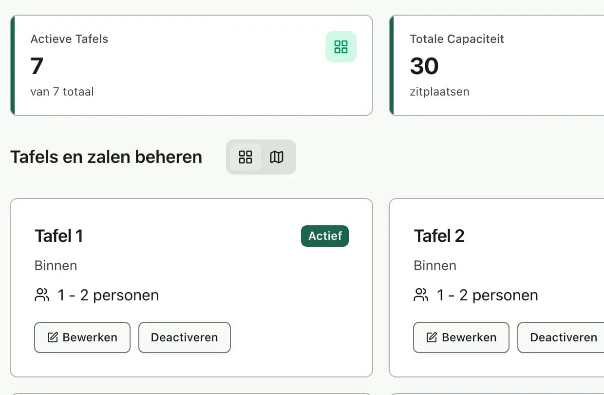 De tafelpagina van Happr met zones en capaciteit